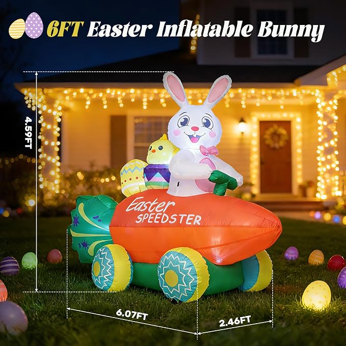 Inflatable Easter Bunny with Carrot Car and Easter Eggs, 6FT Easter Inflatables - Image 2