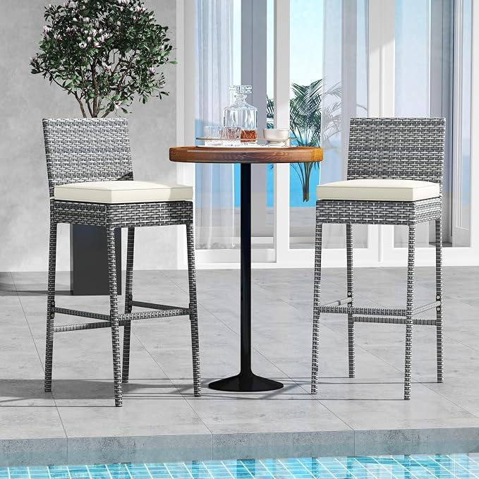 COSTWAY Outdoor Wicker Bar Stools Set of 2, Footrest and Backrest, Rattan - Image 2