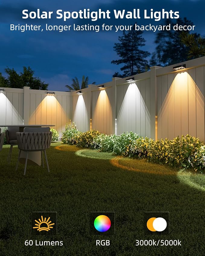 Solar Fence Lights 2 Pack, Warm White, Cool White and RGB Color Glow LED Solar - Image 6