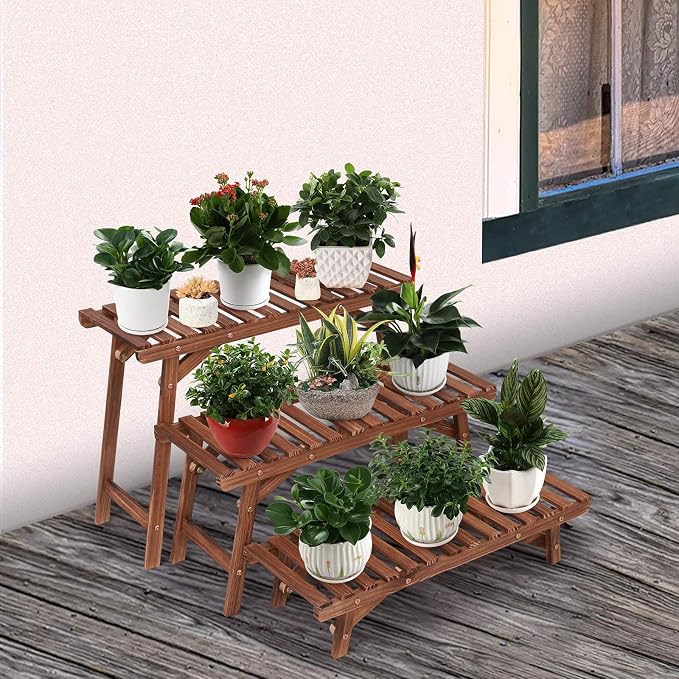Ufine Freestanding 3 Tier Ladder Shelf Wood Plant Stand Indoor Outdoor Plant - Image 3