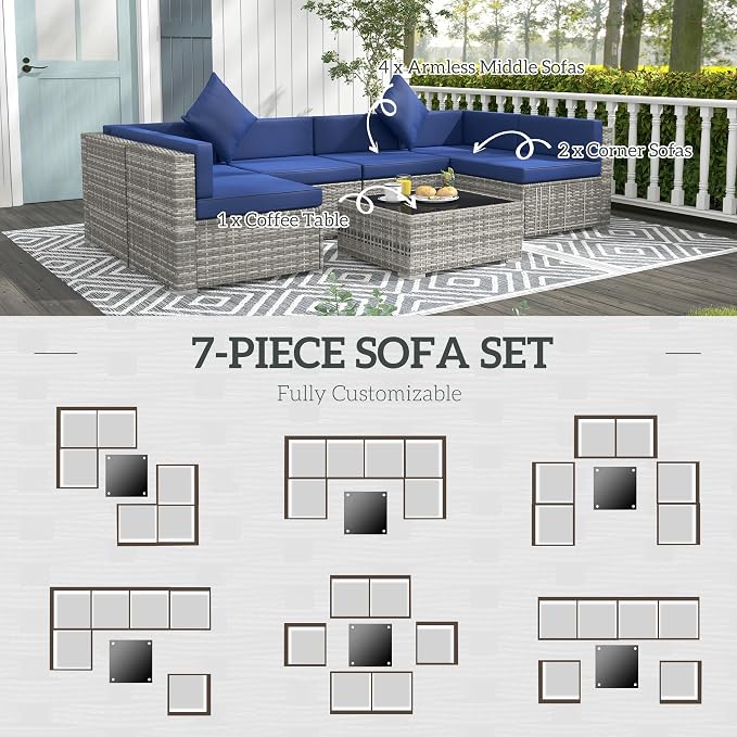 Outsunny 7 Piece Patio Furniture Set, Wicker Outdoor Sectional Sofa Set - Image 5