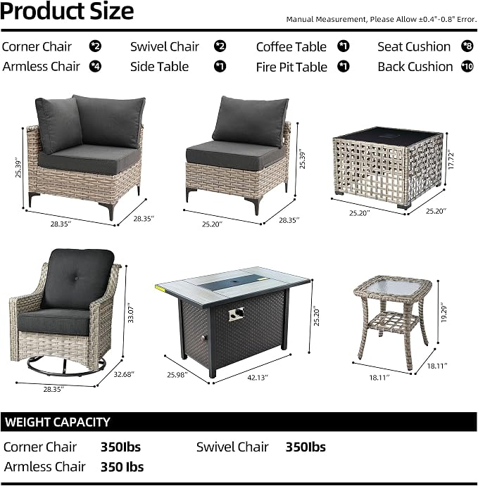 11 Pieces Outdoor Patio Furniture Set, Rattan Wicker Sectional Swivel Rocker - Image 8