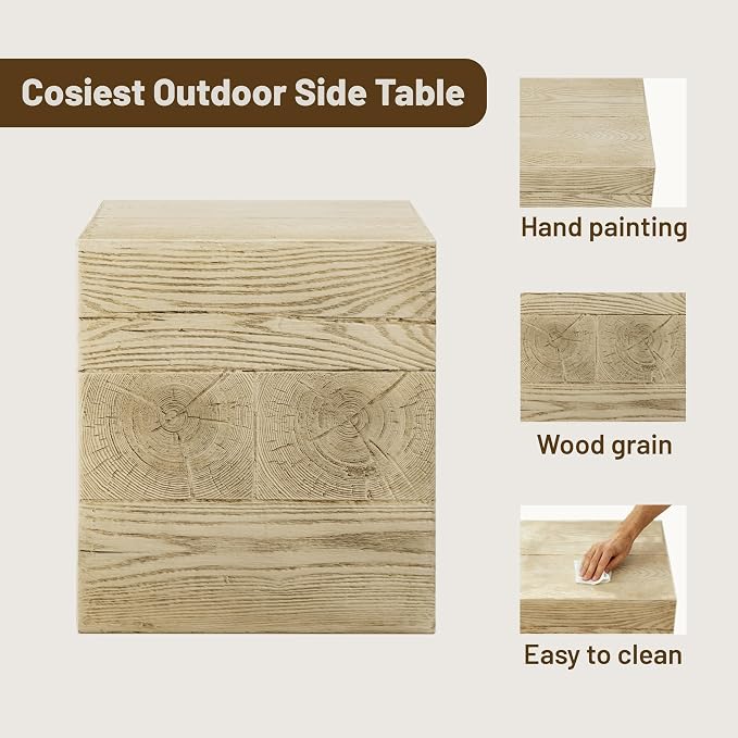 COSIEST Outdoor Side Table Faux Wood Patio End Table, Hand-Painted Wooden Plant - Image 6