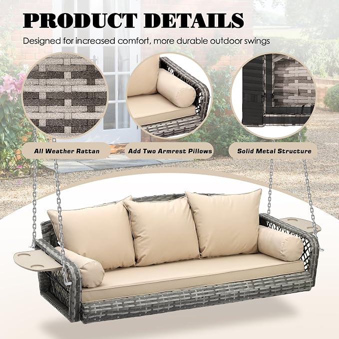3-Person Hanging Porch Swing, Outdoor Wicker Hanging Swing Chair, 76inch Wicker - Image 4