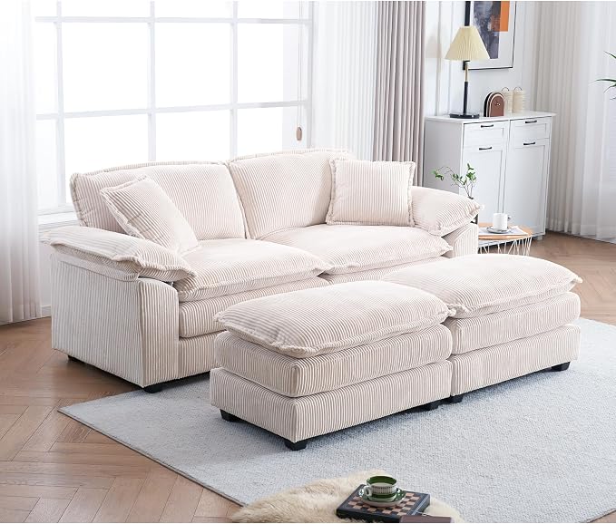 84.6” Corduroy Loveseat with Ottoman, Oversized Double Chaise Lounge Chair - Image 4