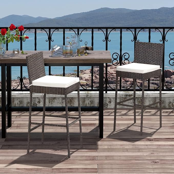 COSTWAY Outdoor Wicker Bar Stools Set of 2, Footrest and Backrest, Rattan - Image 2