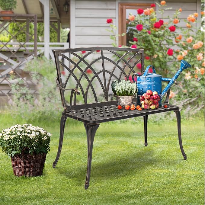 VINGLI 38" Outdoor Metal Bench, Cast Aluminium Garden Bench, Weatherproof - Image 7