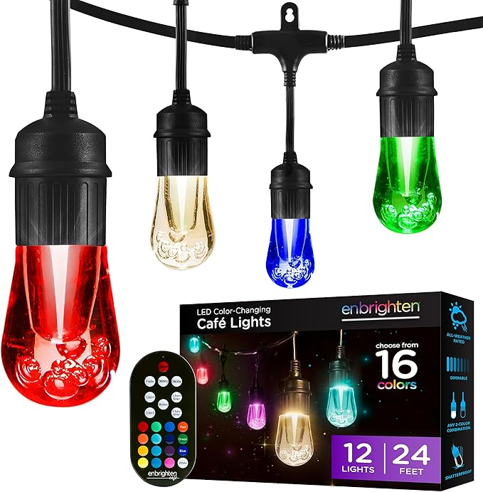 Enbrighten Vintage Outdoor String Lights, 12 RGB Acrylic Bulbs, Weatherproof by Enbrighten