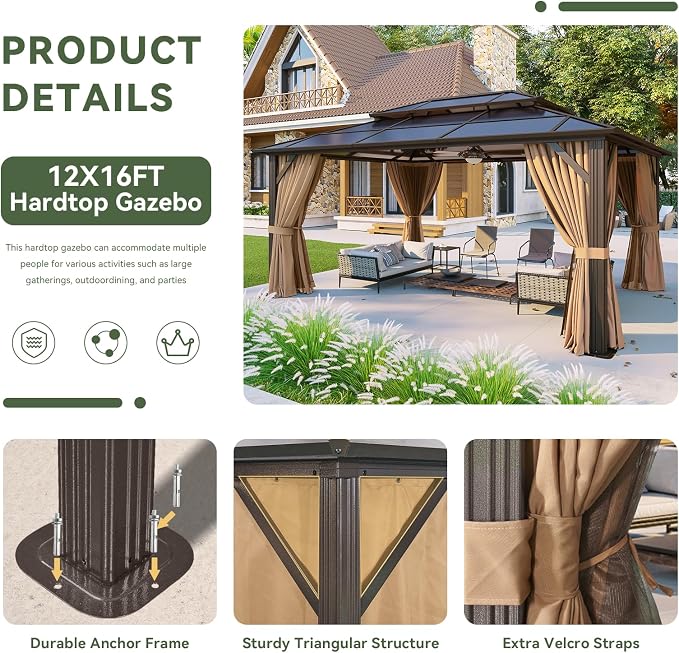 Aoxun 12'x16' Hardtop Gazebo, Aluminum Frame Permanent Pavilion - Image 5