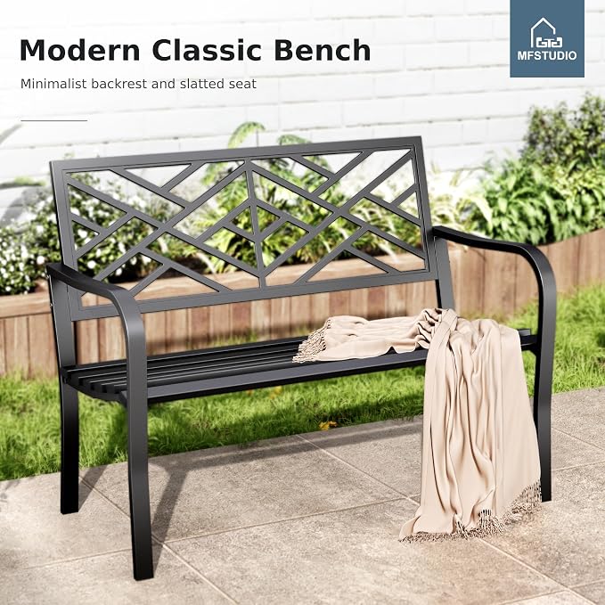 MFSTUDIO Outdoor Metal Bench Set of 2, Garden Patio 43.7 Inches Cast Iron Metal - Image 3