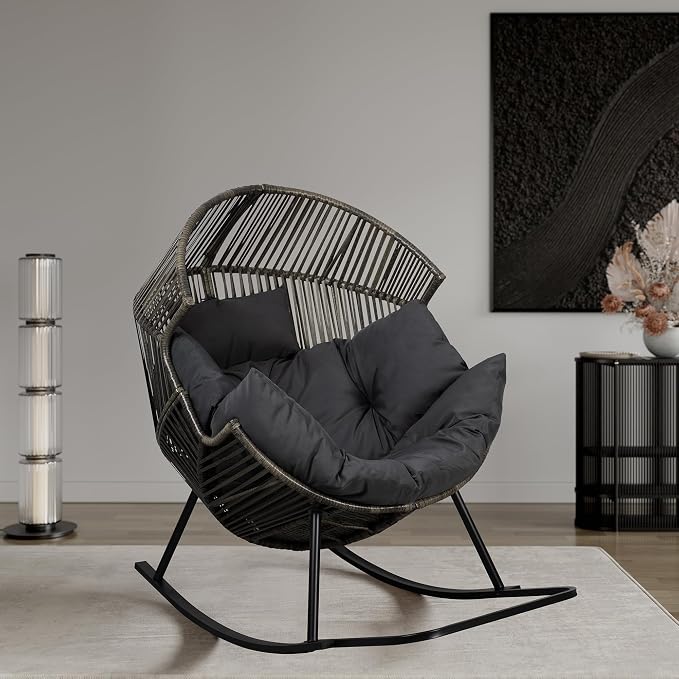 Shintenchi Wicker Egg Chair, Oversized Outdoor Indoor Rocking Chair, Large PE - Image 6