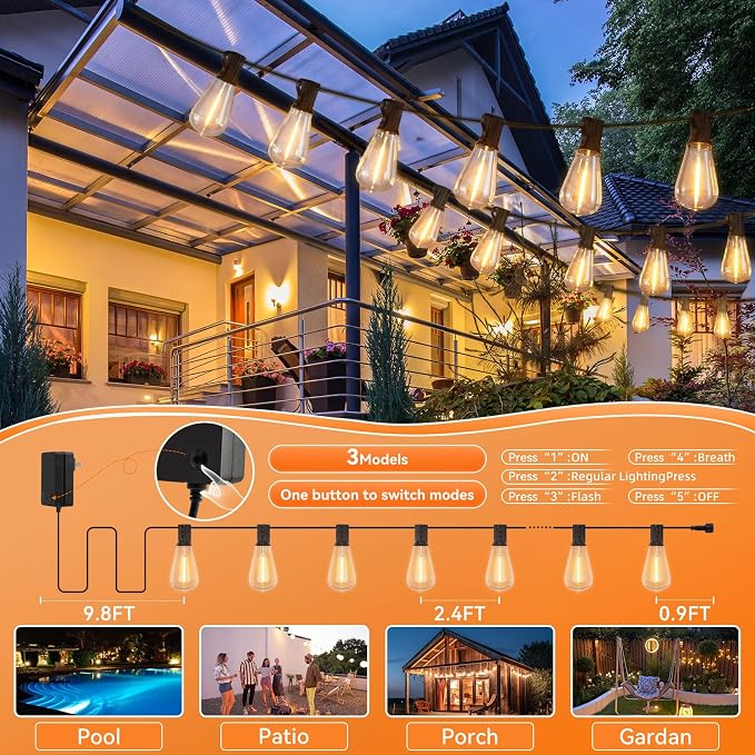 100 FT Outdoor String Lights for Outside, IP65 Waterproof ST38 LED Shatterproof - Image 7