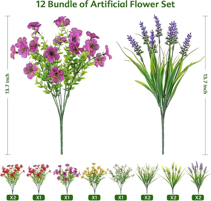 12 Bundles Artificial Flowers for Outdoor, No Fade Fake Plastic Flower Lavender - Image 3