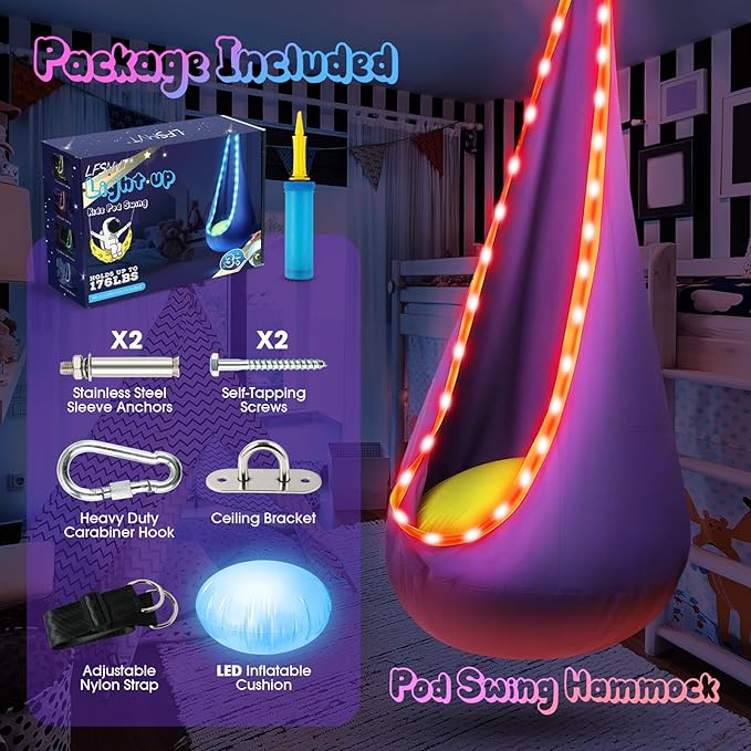 Light Up Kids Pod Swing Seat, Upgraded Kids Hanging Hammock Swing - Image 4