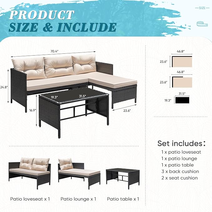 Greesum 3 Piece Patio Furniture Set Outdoor Wicker Rattan Sectional Sofa - Image 4
