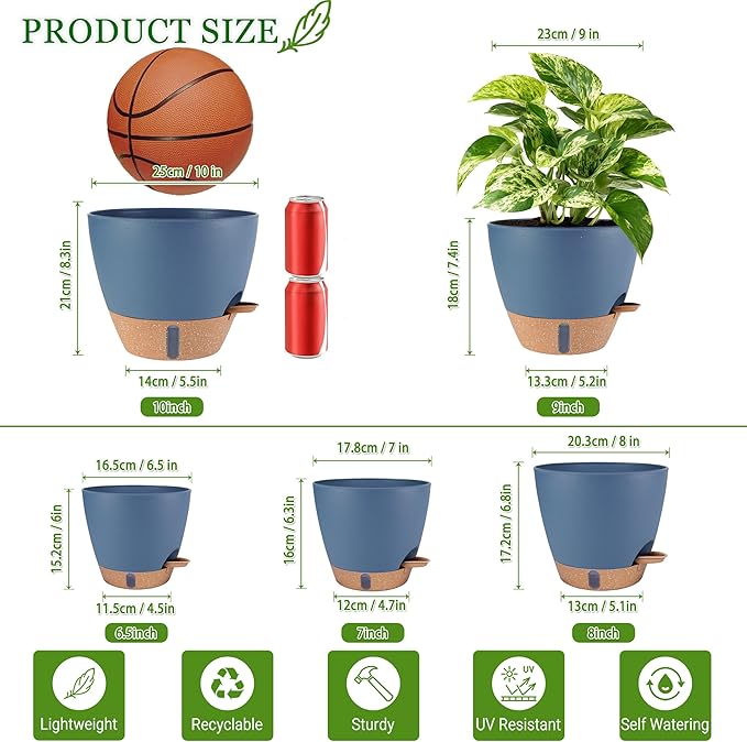 Self Watering Pots for Inoor Ourdoor Plants 10/9/8/7/6.5 Inch Plastic Planters - Image 3