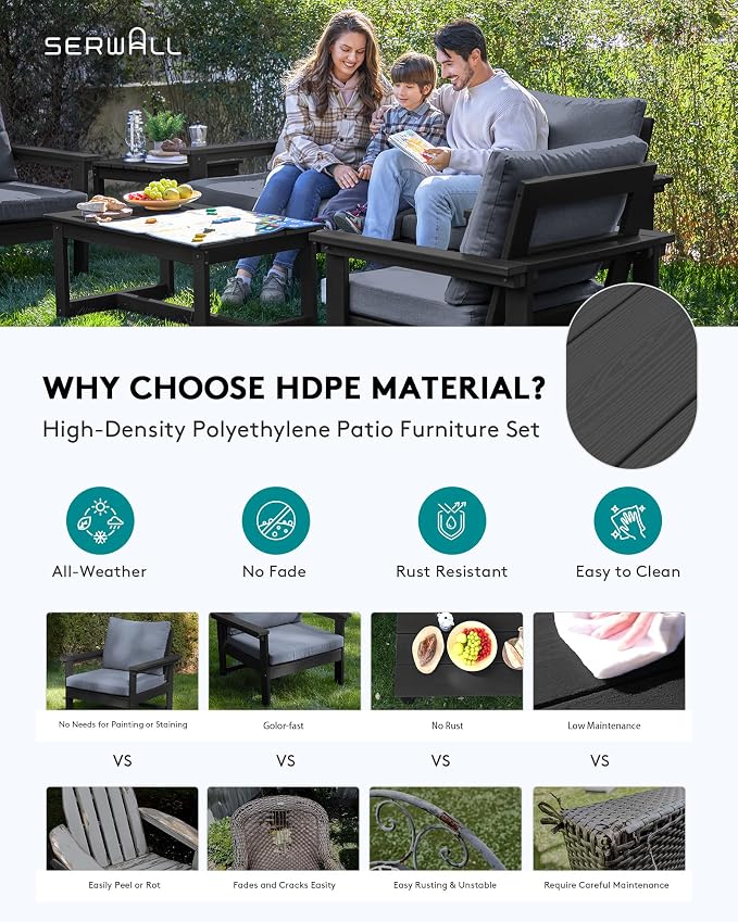SERWALL HDPE Patio Furniture Set, 7-piece Outdoor Sectional Sofa Set, All - Image 3