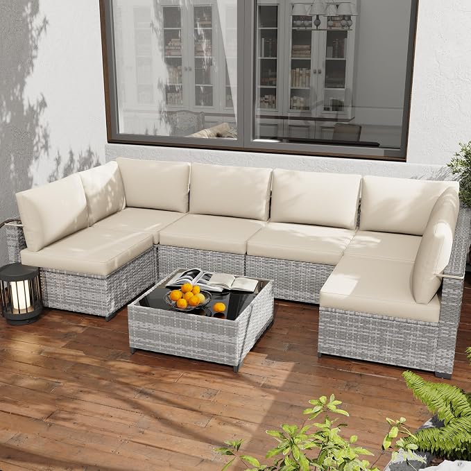 KIGOTY Patio Furniture Set, 7 Pieces Modular Outdoor Sectional Sofa, PE Rattan by KIGOTY