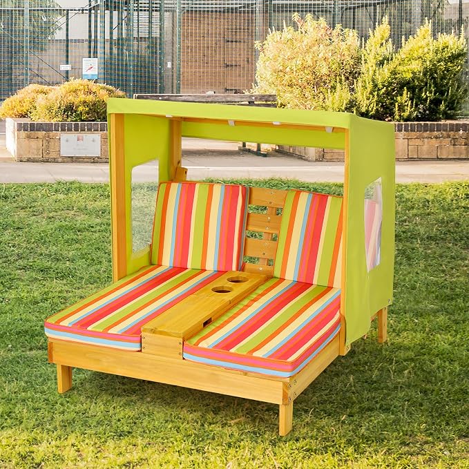 Costzon Kids Lounge Chair Outdoor, Wood Double Seat Chaise Lounge - Image 9