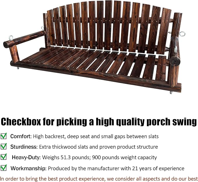 5FT Rustic Log Wooden Porch Swing, Heavy-Duty 900 LBS, Outdoor Hanging Bench - Image 4