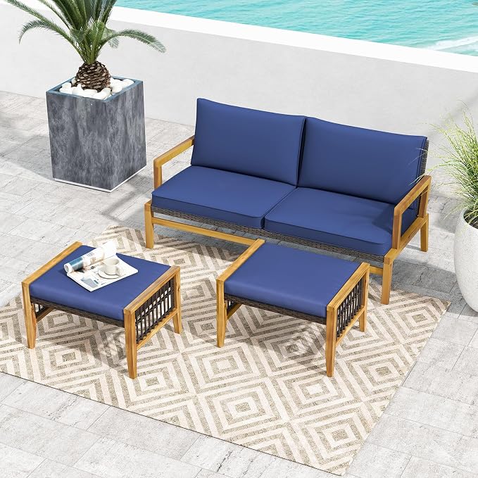 Tangkula Set of 2 Outdoor Ottomans, Patio Acacia Wood Ottomans - Image 5