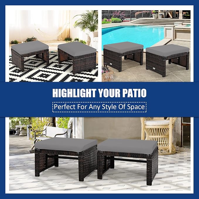 Tangkula 2 Pieces Patio Rattan Ottomans, All Weather Outdoor Footstool Footrest - Image 6