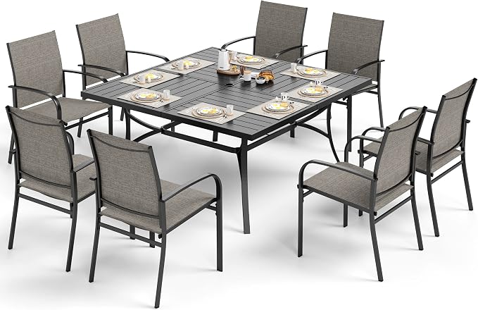 Patio Dining Set for 8, 8 x Stable Brown Dining Chairs, Outdoor Table and - Image 8