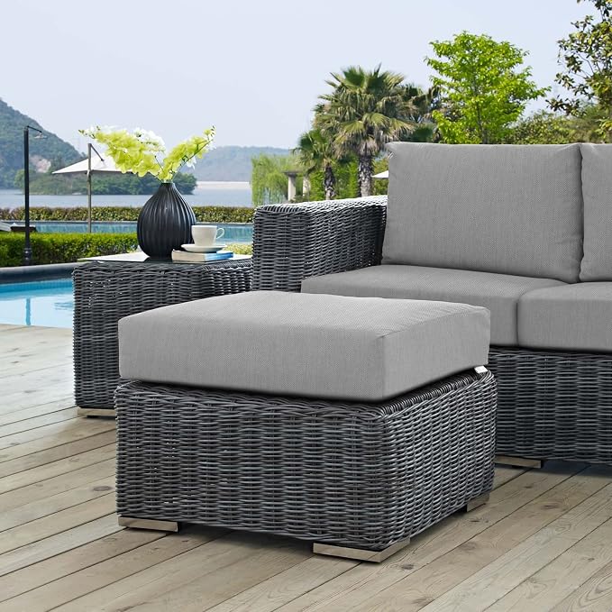 Modway Summon Wicker Rattan Outdoor Patio Sunbrella Square Ottoman in Canvas - Image 2