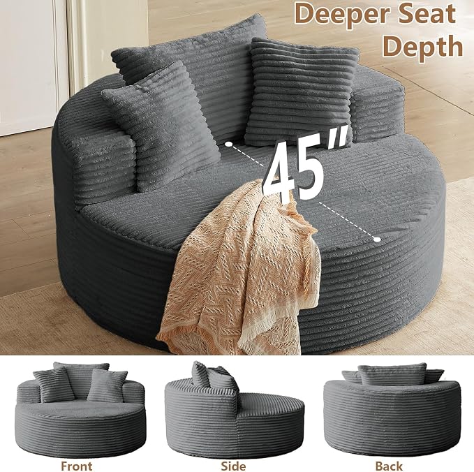 Oversized Round Chair Lounge Chaise Indoor, Upholstered Corduroy Deep Seat - Image 6