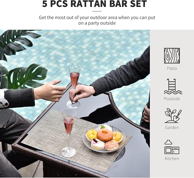 Outsunny 5 Pcs Rattan Wicker Bar Set, High Top Outdoor Table and Chairs - Image 6