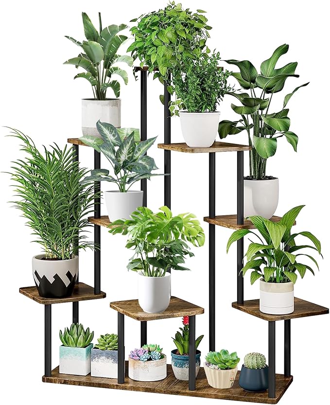 9 Tier Wood Tall Plant Stand Metal Rack Indoor, Planter Shelf Display Rack by YOCOMEY