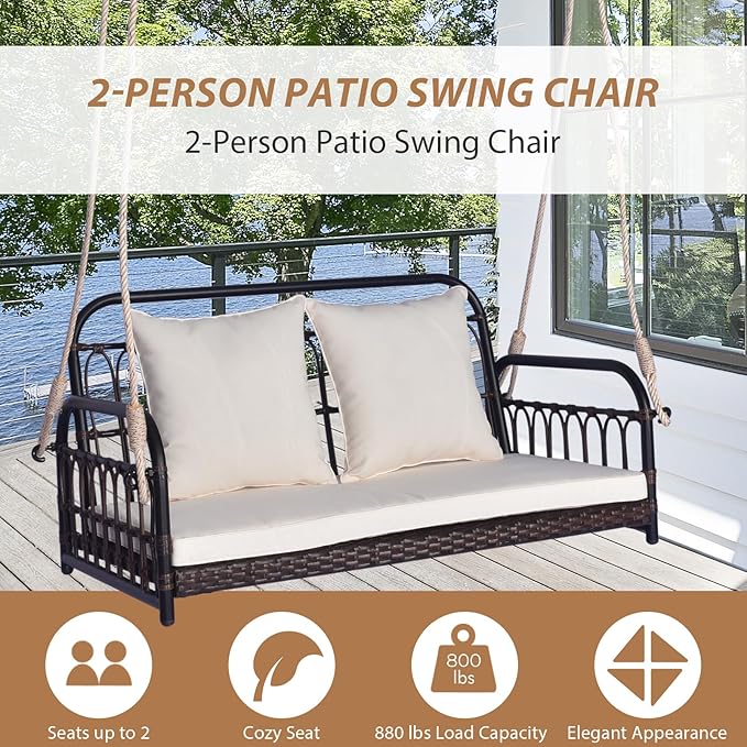 Tangkula Outdoor Wicker Porch Swing, 2-Person Hanging Seat - Image 8