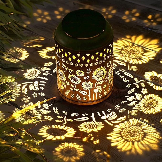 Kaixoxin Solar Garden Decor Metal Lantern Sunflower Table Lamp Bronze Outdoor by KAIXOXIN