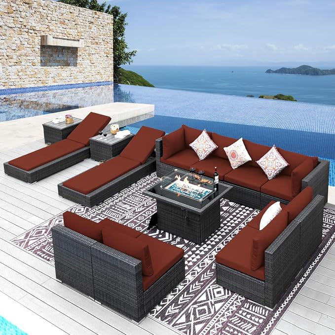 NICESOUL 13 Piece Outdoor Sectional w/Fire Pit Table, Luxury Modular Patio by NICESOUL