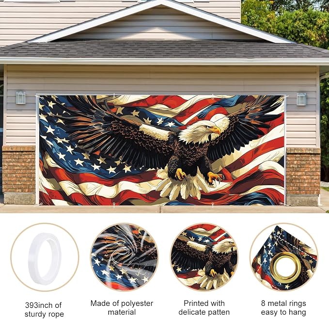 ANNA QUEEN American Flag Garage Door Banner 6x13FT, Bald Eagle USA Flag Garage - Image 4