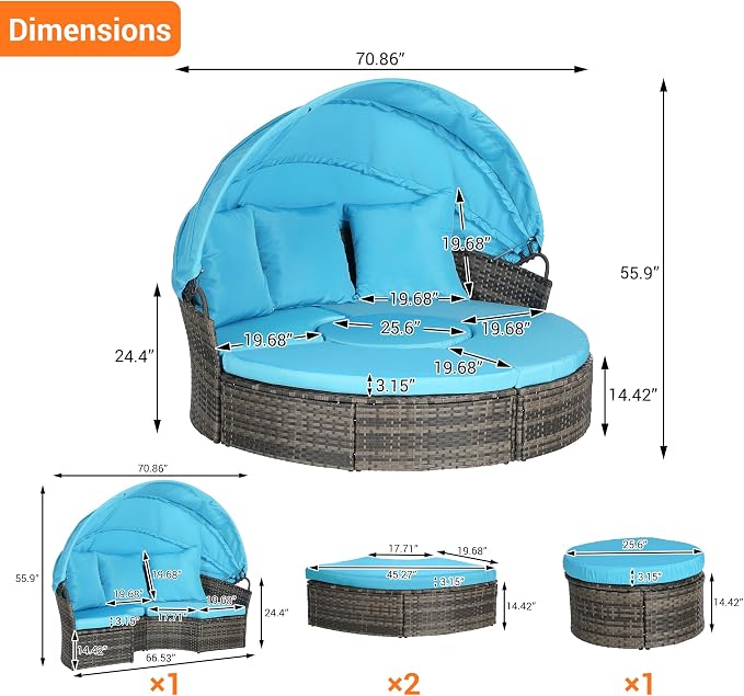 Merax 5 Pieces Outdoor Patio Round Daybed Furniture, All-Weather Wicker - Image 2