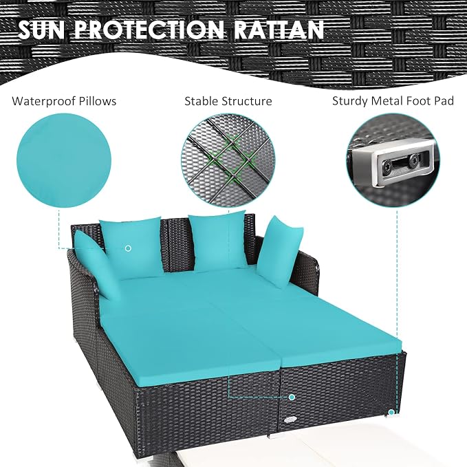 COSTWAY Outdoor Patio Rattan Daybed, Sponge Cushioned Loveseat Sofa - Image 7