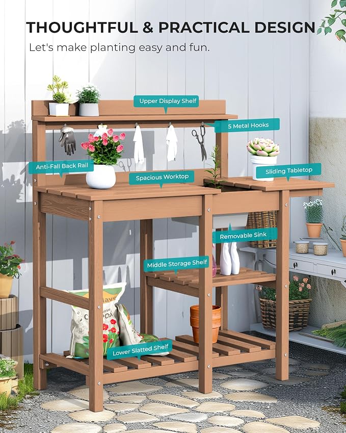 SERWALL Outdoor Potting Bench 2-Piece Set, Rot-Resistant HDPE Potting Table - Image 7