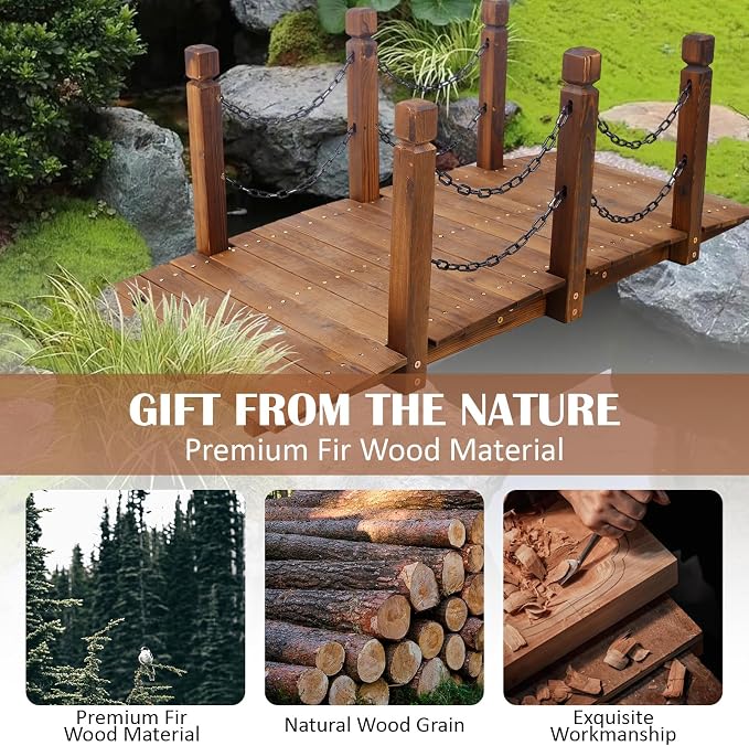 5 FT & 3.3 FT Wooden Garden Bridge, Stained Wood Arc Footbridge - Image 5