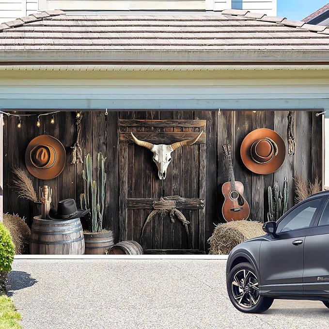 ANNA QUEEN Western Cowboy Garage Door Banner 6x13FT, Rustic Barn Door Backdrop - Image 2