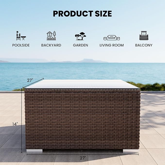 COSIEST Outdoor Furniture Brown Wicker Glass-Top Coffee Table - Image 3