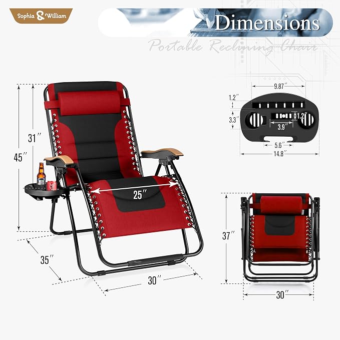 Sophia & William Oversized XXL Zero Gravity Chair Set of 2, Padded Adjustable - Image 3