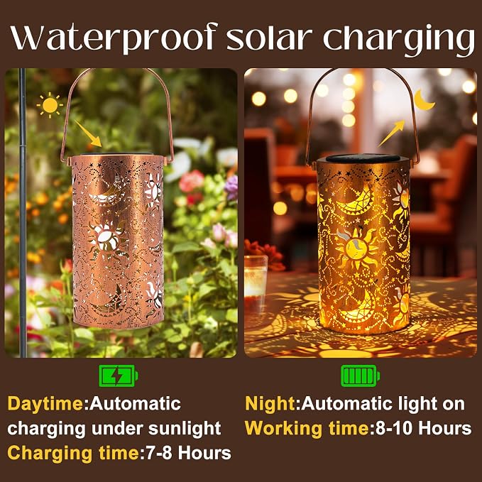 Solar Lanterns Outdoor Hanging Lantern Lights, Sun Moon Metal Decor - Image 3
