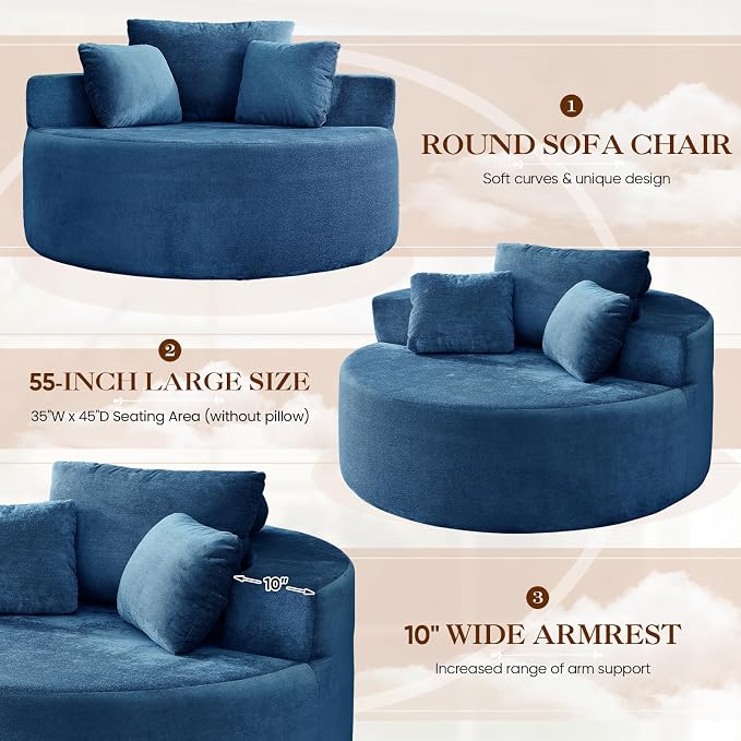 Antetek Oversized Round Chaise Longue Chair Indoor, Modern 55-inch Upholstered - Image 5