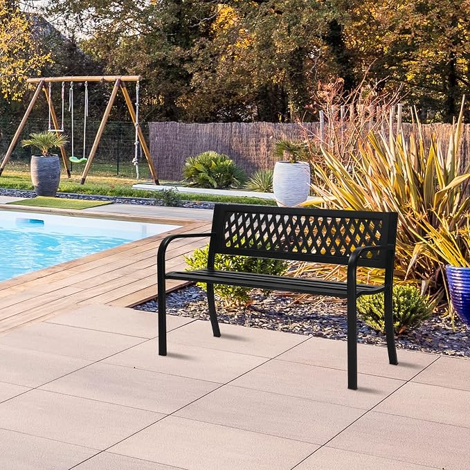 47in Outdoor Garden Park Bench, Outdoor Metal Porch Benches, Weatherproof Patio - Image 7
