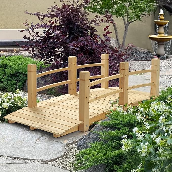 HOMEDIARY 5 FT Fir Wood Garden Bridge, Outdoor Classic Wood Arc Footbridge by HOMEDIARY