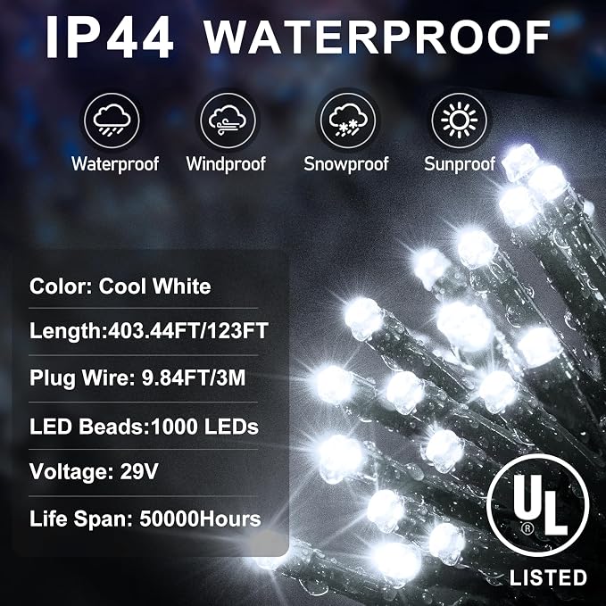 KNONEW 403FT 1000 LED Christmas Lights Outdoor String Light 8 Modes & Timer - Image 3