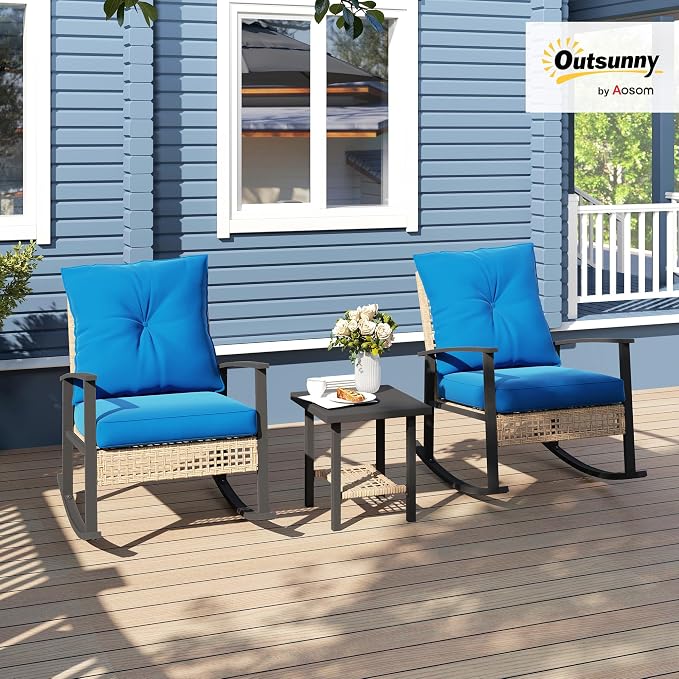 Outsunny 3 Pieces Rocking Wicker Outdoor Bistro Set, Rattan Patio Furniture Set - Image 2