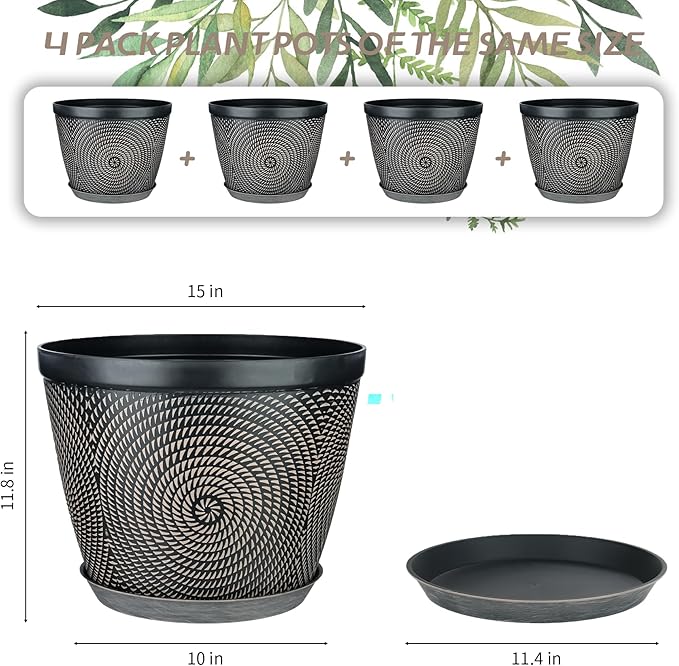 Quarut 15 Inch 4 Pack Large Plant Pots, Plastic Flower Pot - Image 3
