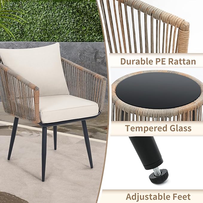 Kromax 3 Pieces Patio Rattan Bistro Conversation Set, Outdoor All-Weather - Image 3